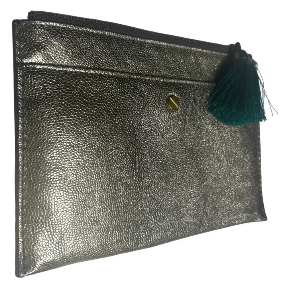 J.Crew Metallic Gold Pebbled Leather Green Tassel Clutch Bag 8.25